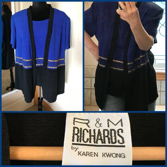Vintage Blazer Tunic: 80s Blue & Black Jacket with Gold Trim, Plus Size 22WP - Picture 11 of 11